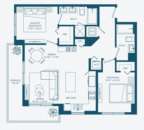 Floor plan for 2 beds, 2 baths, 1078 sqft